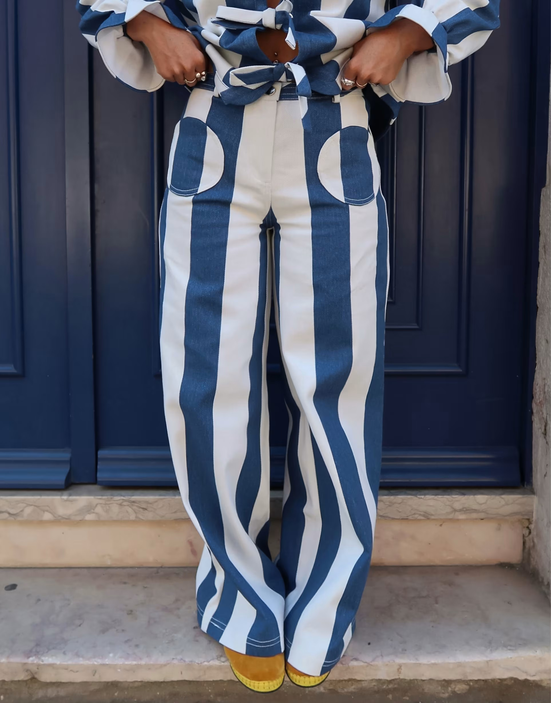 Labelrail x Rebecca Olivia wide leg circus stripe pants in navy and cream | ASOS (Global)