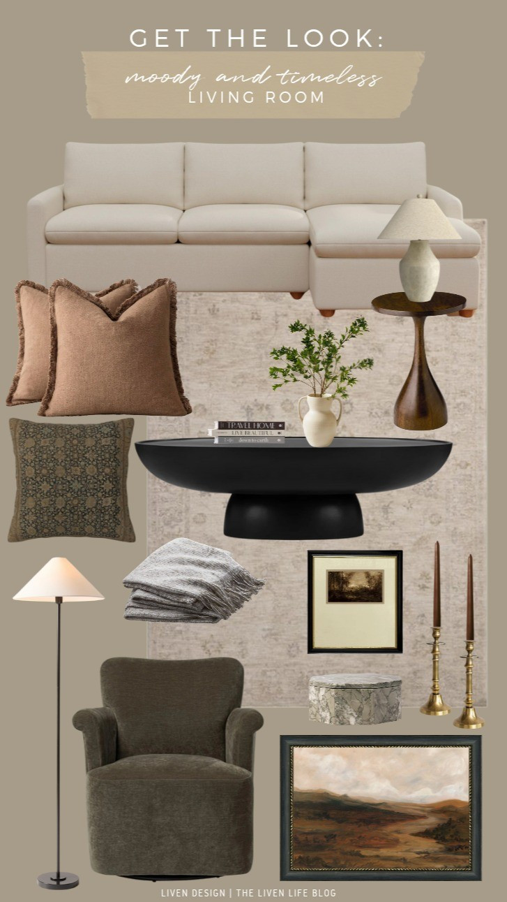 Moody timeless living room. Home decor. Throw pillows. Sofa.  Modern black coffee table. Accent table. Distressed traditional vintage rug. Neutral decor. Vase. Ceramic lamp. 

#LTKSeasonal #LTKHome #LTKSaleAlert