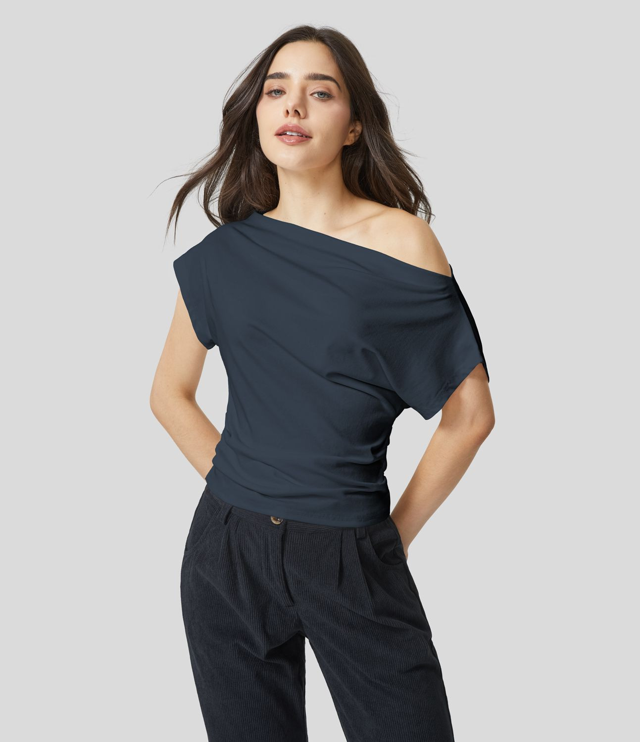 Women’s Off Shoulder Short Sleeve Ruched Casual Cotton Top - Halara | HALARA