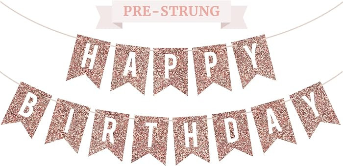 Pre-Strung Happy Birthday Banner - Rose Gold Glitter Birthday Party Banner | Amazon (US)