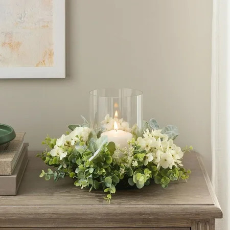 Mainstays Decorative Hurricane Pillar Candleholder with Faux White Hydrangea, 8" | Walmart (US)