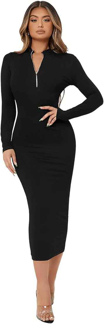Verdusa Women's Zip Up Front Mock Neck Long Sleeve Bodycon Long Pencil Dress | Amazon (US)