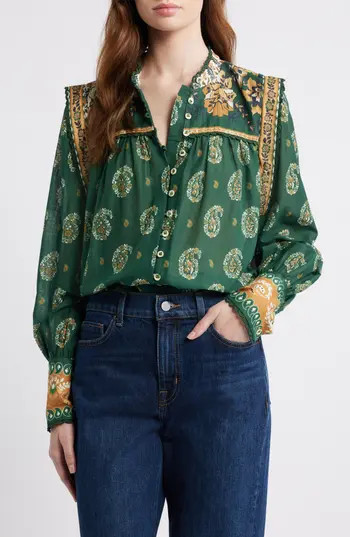 FARM Rio Tayla Paisley Cotton Button-Up Shirt in Green at Nordstrom Rack, Size Large | Nordstrom Rack