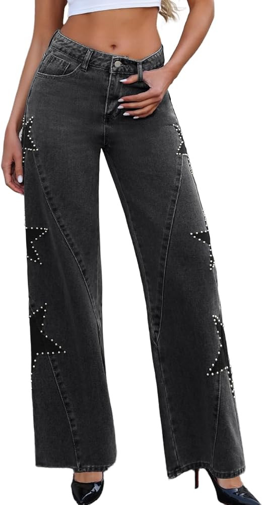 EHSUYAB Vintage Women Star Pearl Baggy Jeans,Low Rise Wide Straight Leg Boyfriend Denim Pants,Goi... | Amazon (US)