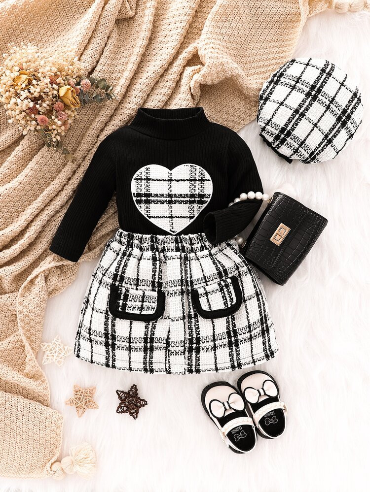 Baby Plaid Print Heart Embroidery Tee & Plaid Print Skirt & Hat | SHEIN