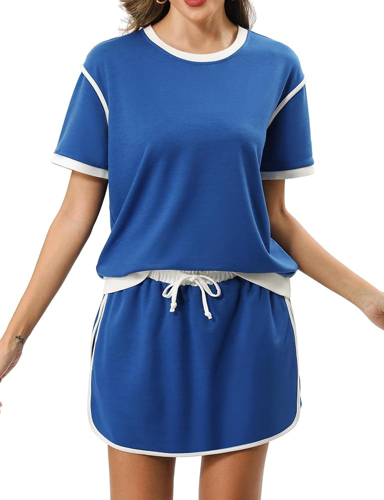 Marvmys Women's Skort Sets 2 Piece Outfits Color Block Short Sleeve T-shirt Skorts Matching Loung... | Amazon (US)