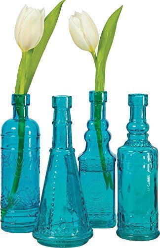 Luna Bazaar Small Vintage Glass Bottle Set (7-Inch, Madison Design, Turquoise Blue, Set of 4) - Flow | Amazon (US)