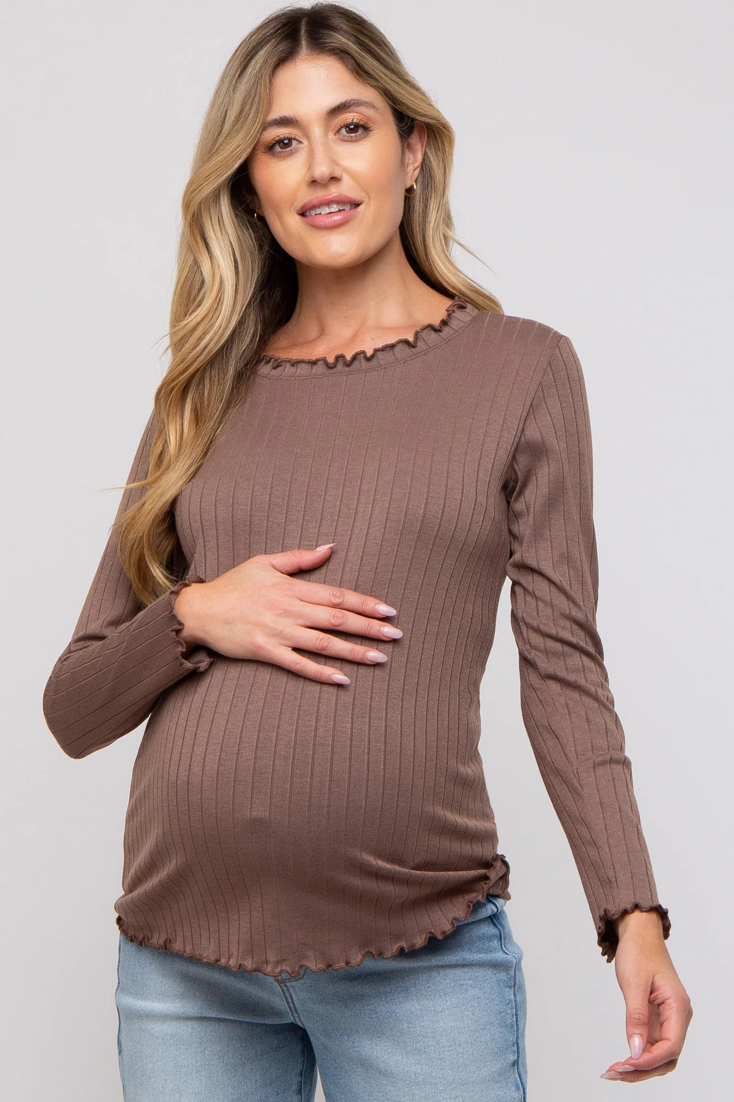 Brown Rib Knit Lettuce Trim Maternity Long Sleeve Top | PinkBlush Maternity