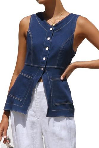 EZAPINE Denim Vest for Women Button Up Dressy Sleeveless Blazer Long Jean Vest Tank Top with Pockets | Amazon (US)