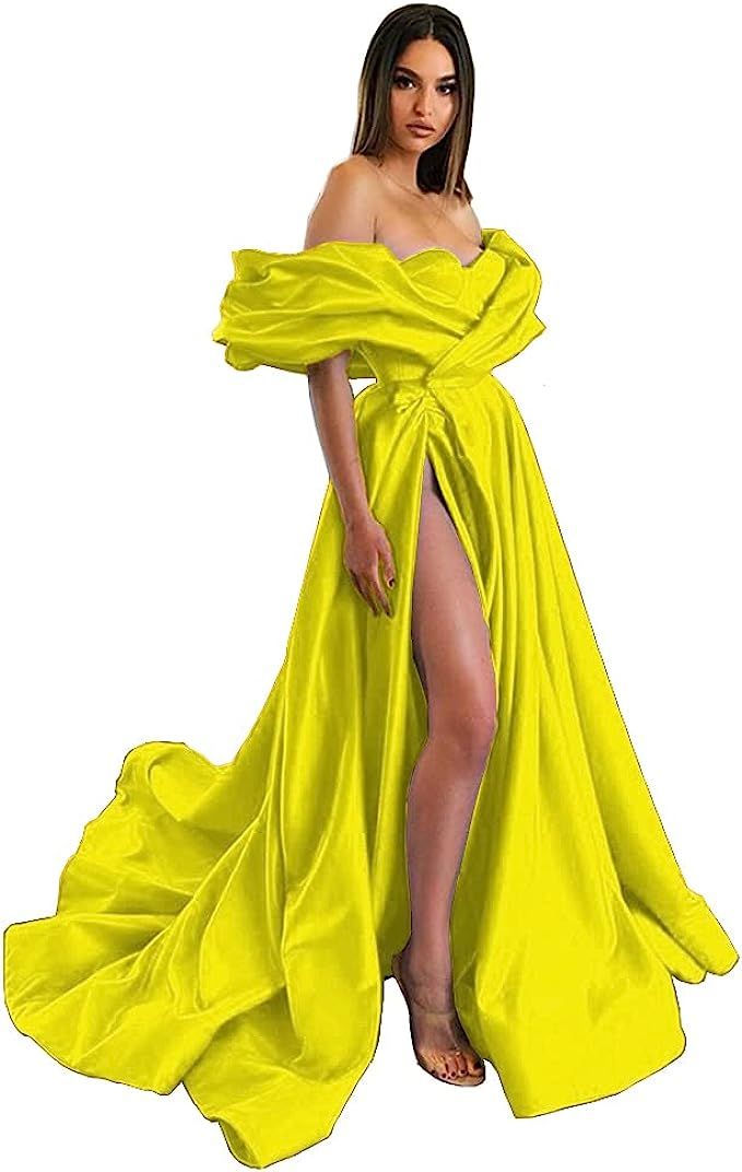 Rlweus Women's High Split Off Shoulder Sweetheart Evening Dresses Ruffles Long Ball Gowns | Amazon (US)