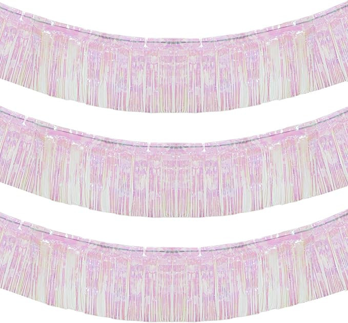 10 Feet by 15 Inch Iridescent White Foil Fringe Garland - Pack of 3 | Metallic Tinsel Banner | Id... | Amazon (US)