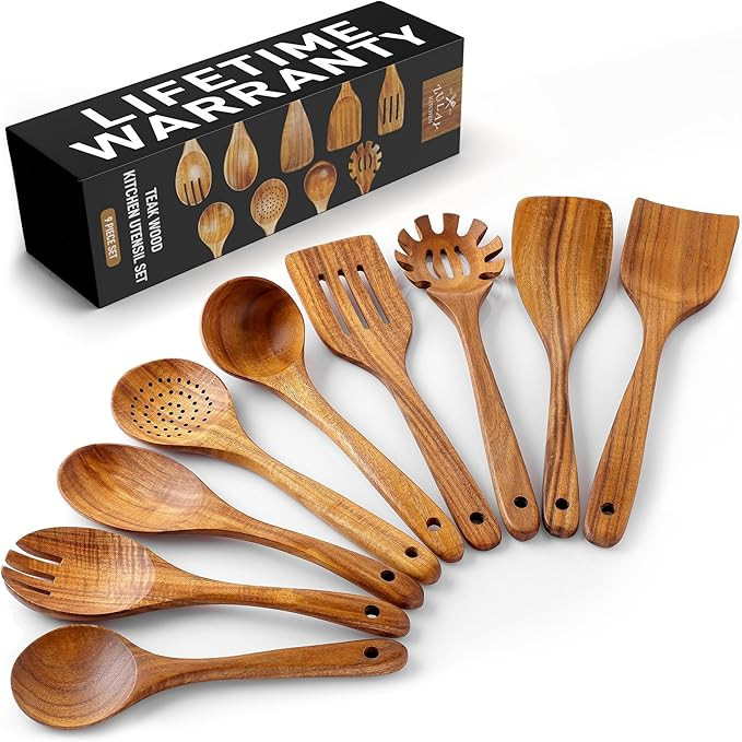 Zulay Kitchen 9-Piece Teak Wooden Utensils for Cooking - Smooth Finish Natural Teak Utensil Set -... | Amazon (US)