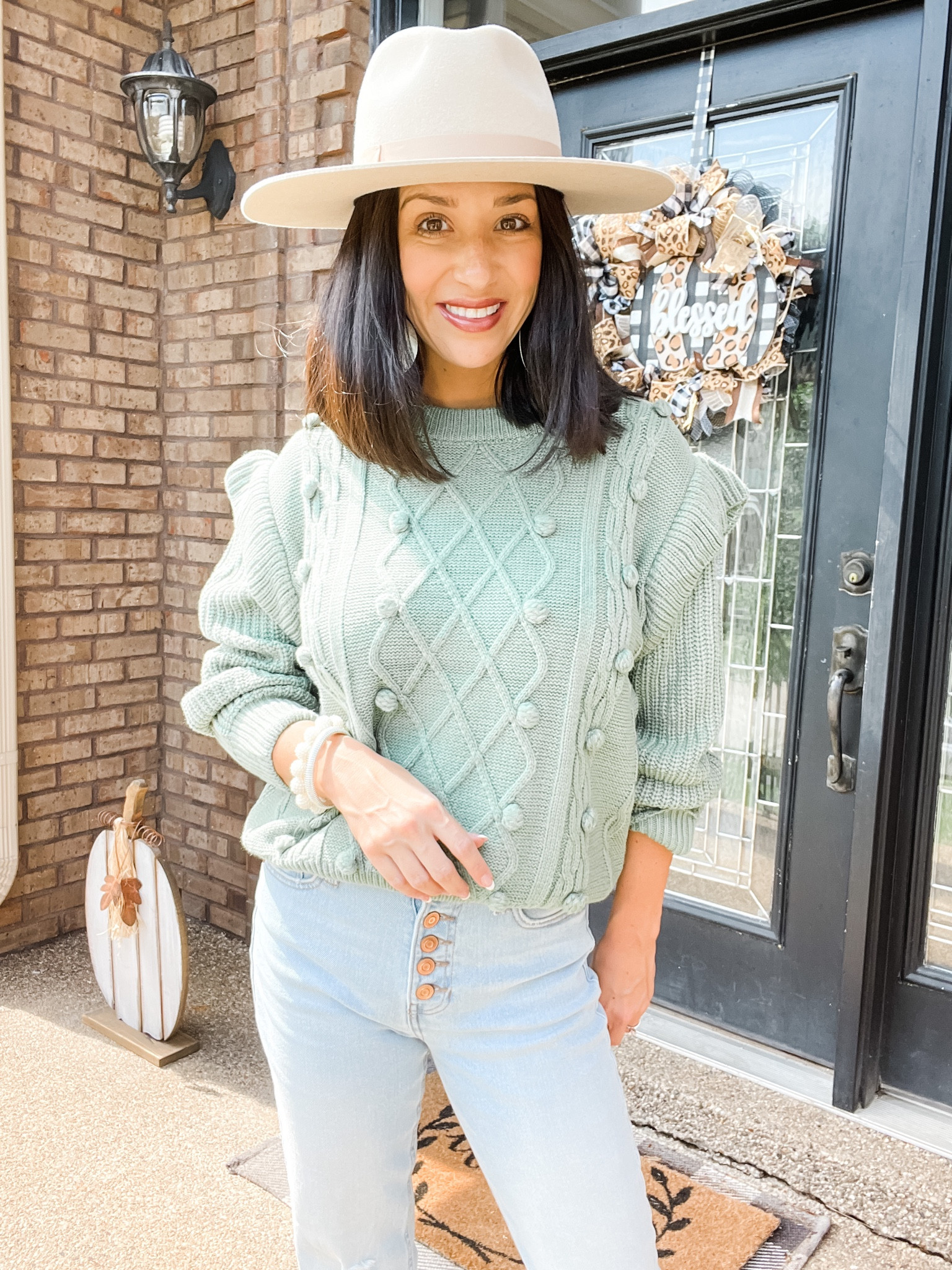 Fall fashion finds mint color sweater ruffle sleeves weekend wear 

#LTKunder50 #LTKSeasonal