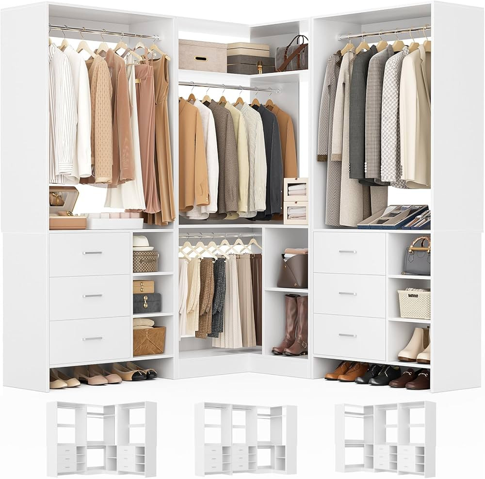 Aheaplus Closet System with 6 Drawers, 4 Hanging Rods & Corner Tower, Corner Closet System with H... | Amazon (US)