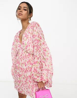 ASOS DESIGN micro pleated batwing trapeze mini dress in pink floral | ASOS (Global)