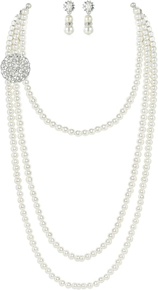 BABEYOND 1920s Gatsby Pearl Necklace Vintage Bridal Pearl Necklace Earrings Jewelry Set Multilaye... | Amazon (US)