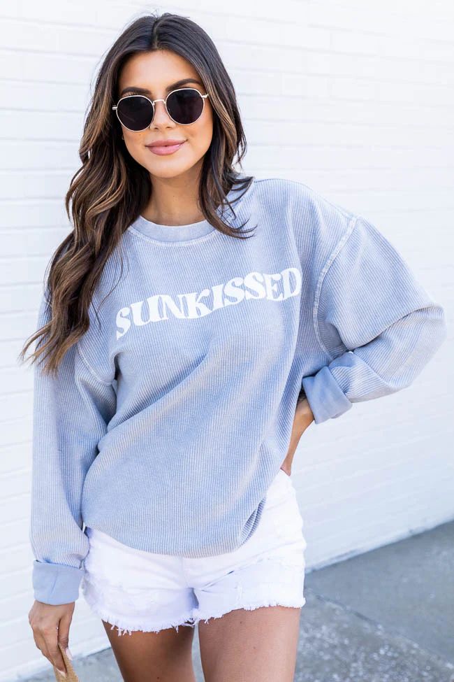 Sunkissed Faded Denim Corded Graphic Sweatshirt | Pink Lily