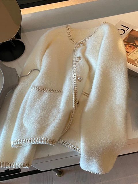 Cardigan en laine de vison pour femmes, petit chandail français avec des boutons de perles, haut... | Aliexpress EU
