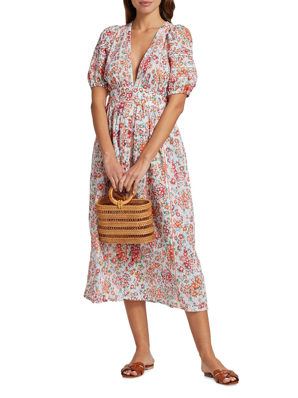 Reine Floral Puff-Sleeve Midi-Dress | Saks Fifth Avenue