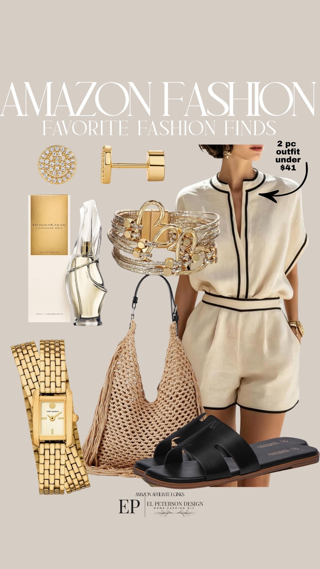 Amazon
2 pc outfit
Bracelet 
Earrings
Perfume
Watch
Purse
Sandals
