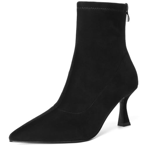 RIBONGZ Black Ankle Boots for Women Kitten Heeled Booties Back Zipper Pointed Toe Dressy Fur Mid Calf Short Stiletto High Heel Fashion Suede Work Dress Shoes 11 | Amazon (US)