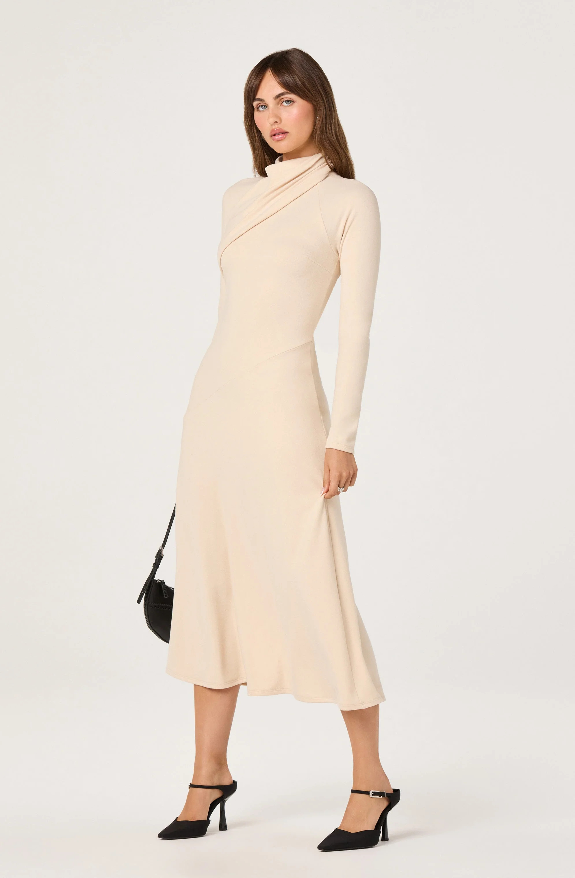 Asymmetric Draped Mock Neck Midi Dress - Cream / XS | ASTR The Label (US)