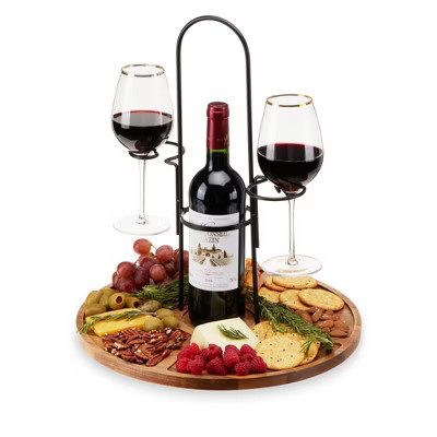 Twine Wine and Cheese Caddy, Charcuterie Serving Board with Wine Bottle and Glass Holder, Home Bar, Housewarming Gifts, Acacia Wood and Metal, Brown | Target
