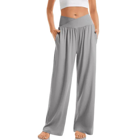 WQD Women’s Sweatpants Wide Leg Lounge Pants Crossover High Waist Yoga Pants with Pockets Comfy Loose Fit Flowy Casual Pajama Pants | Walmart (US)