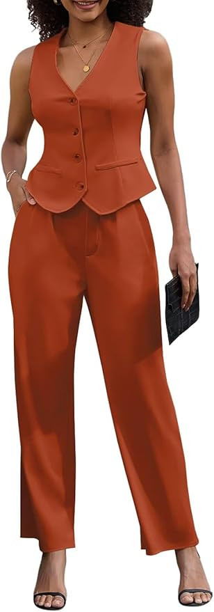 Women's 2 Piece Outfits Elegant Blazer Vest Pockets Wide Leg Pant Suit Casual Matching Set | Amazon (US)