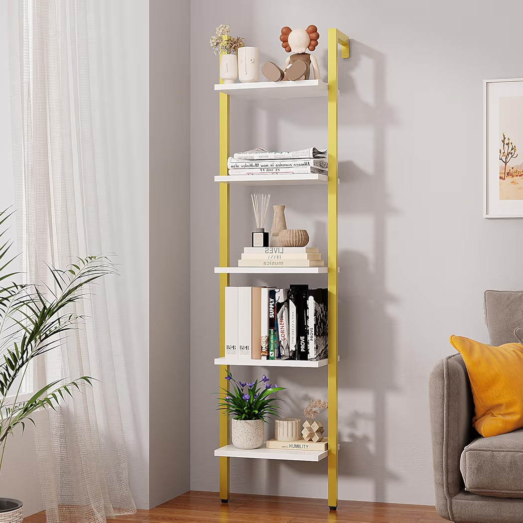 YMYNY Industrial 5 Tiers Ladder Bookcase Wall Mounted Metal Frame Wooden Storage Shelves White+Go... | Amazon (US)