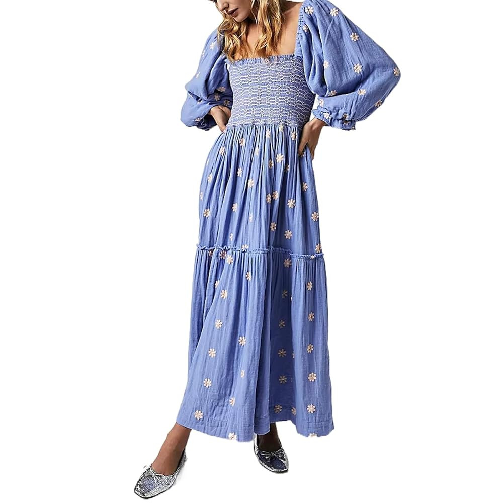 Chloefairy Women's Flower Embroidered Maxi Dress Lantern Sleeve Square Neck Tiered Flowy Spring F... | Amazon (US)