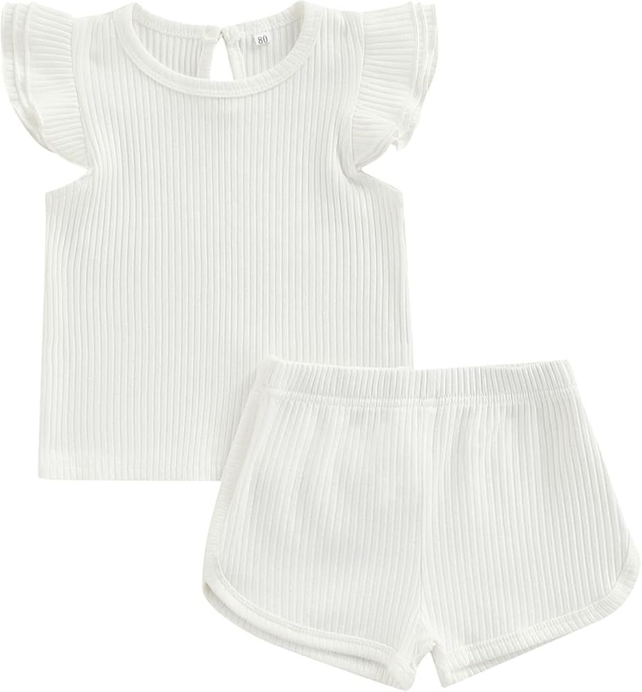 Toddler Baby Girl Summer Short Clothes Ribbed Ruffle Sleeve Tops+Elastic Drawstring Short Pants T... | Amazon (US)