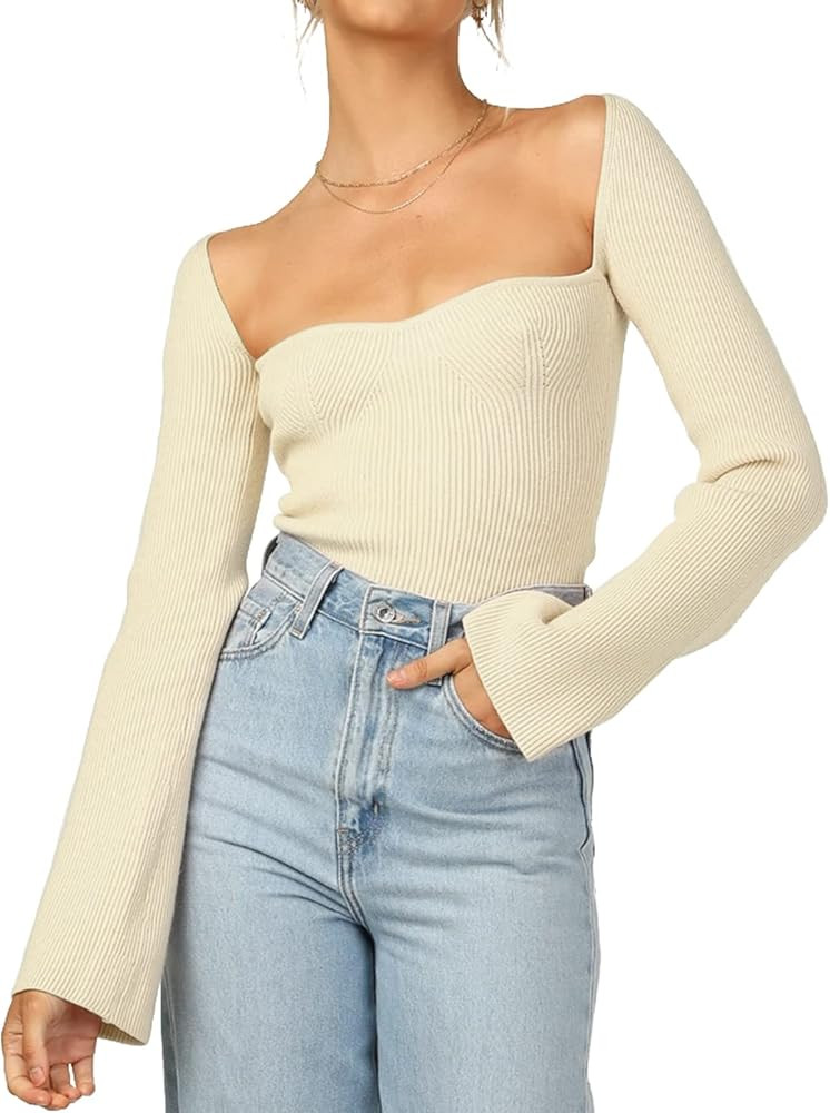 Womens Sweater Tops Sweetheart Neck Ribbed Bustier Corset Knit Long Sleeve Pullover Sweater Top | Amazon (US)