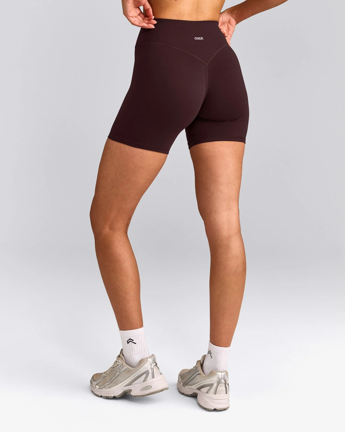 SoftMotion™ High Waisted Shorts 6" with Gray Logo 
 Plum Brown | Oner Active (UK / US)