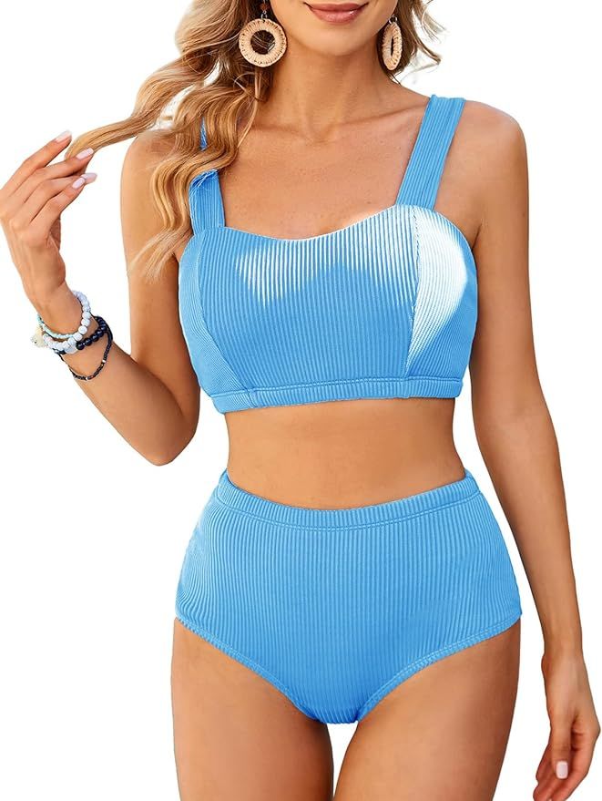 JASAMBAC Women's High Waisted Bikini Sets Ribbed Sporty Two Piece Swimsuit Modest Tummy Control B... | Amazon (US)