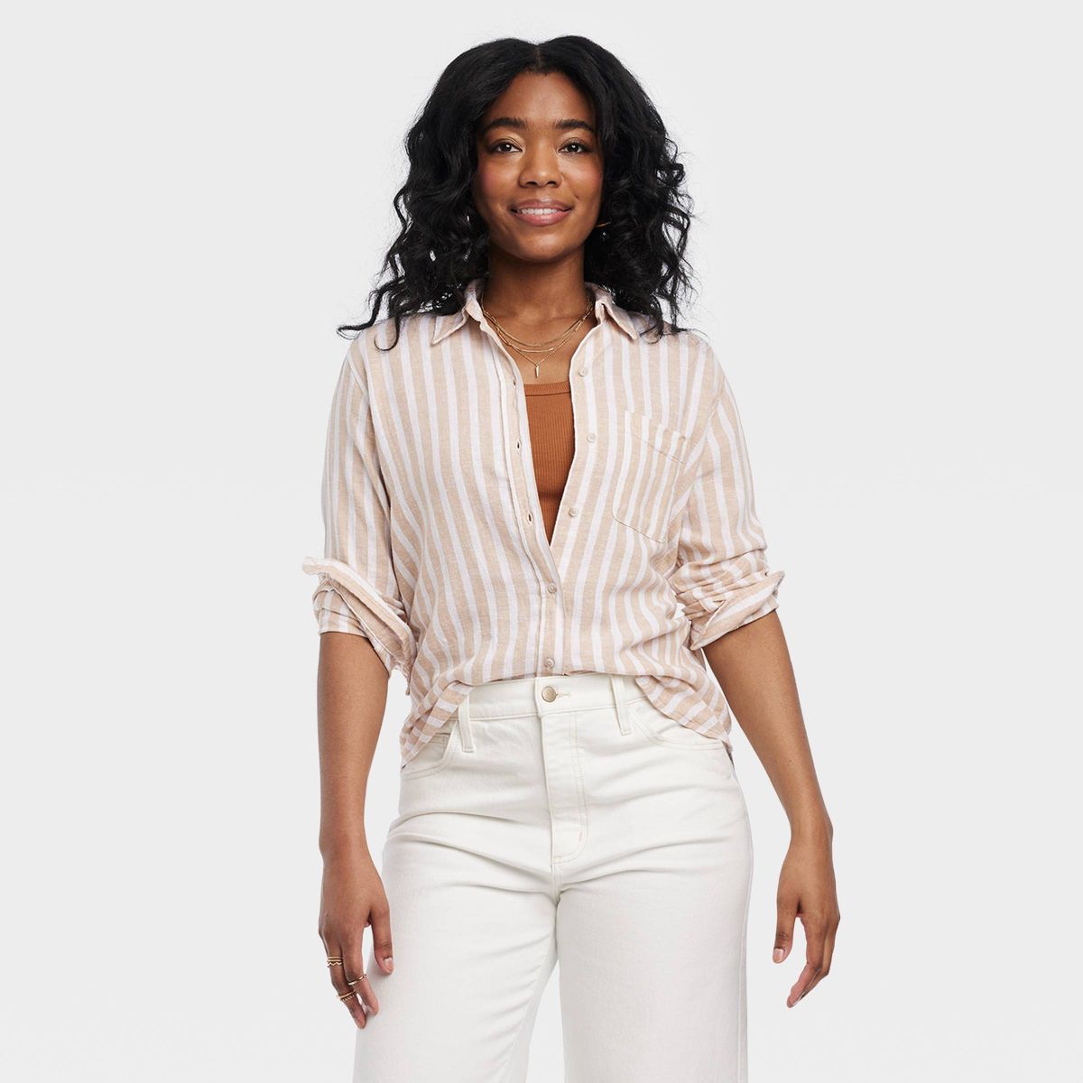Women's Linen Long Sleeve Collared Button-Down Shirt - Universal Thread™ Tan Striped M | Target