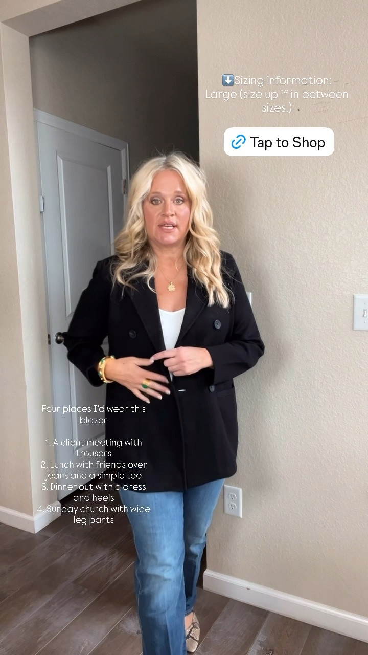✨Tap the bell, save and ❤️ start here over 40 fashion, midlife style, midsize fashion and luxury looks for less.  

⬇️Sizing information:
Large tts (size up if in between sizes.) 
Jeans 12 (size down if in between sizes.)

Four places I’d wear this blazer

1. A client meeting with trousers
2. Lunch with friends over jeans and a simple tee
3. Dinner out with a dress and heels
4. Sunday church with wide leg pants

The blazer that makes jeans look intentional. 👀

The peak lapels and structured shoulders create Lift, while the princess seams give it shape. It’s made from a soft double-knit fabric, so I get that polished blazer look without the stiff feel.

I’d wear this from a work meeting straight to dinner. Which of the four looks would you try first?

👑 Helping you look good, feel good.-Lindsey Denver   Check back daily for belly-friendly style, confidence, and Outfit Physics™.

#LTKOver40 #LTKMidsize #LTKPlusSize

Comment SHOP below to receive a DM with the link to this post on my LTK ⬇ https://liketk.it/6ojhf