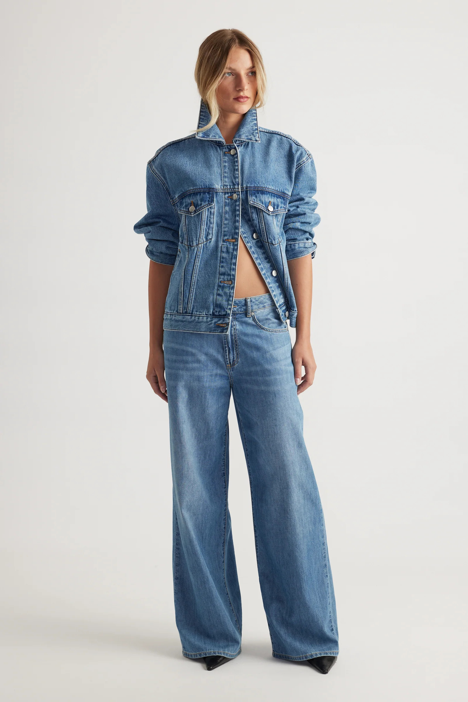 Jenna Mid Rise Palazzo Jeans - Cove Blue | DECJUBA