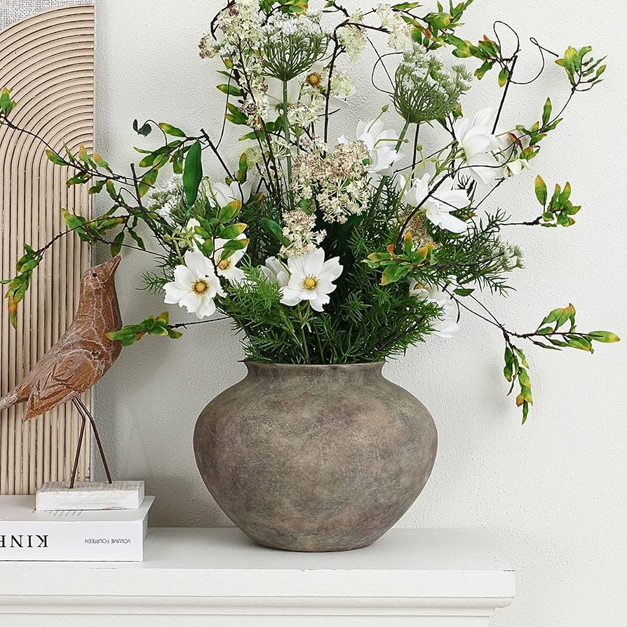 LuxenHome Round Rustic Ceramic Vase, 10" Wide Terracotta Pot with Earthy Gray-Brown Finish, Vinta... | Amazon (US)