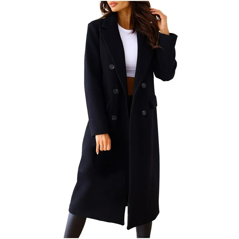 Clearance RQYYD Women's Notch Lapel Double Breasted Wool Blend Peacoat Mid-Long Fall Winter Essen... | Walmart (US)