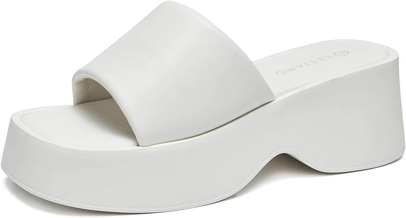 EETTARO Women's Platform Sandals Square Toe Block Heel Slip-on Slides Fashion Wedge Summer Shoes | Amazon (US)