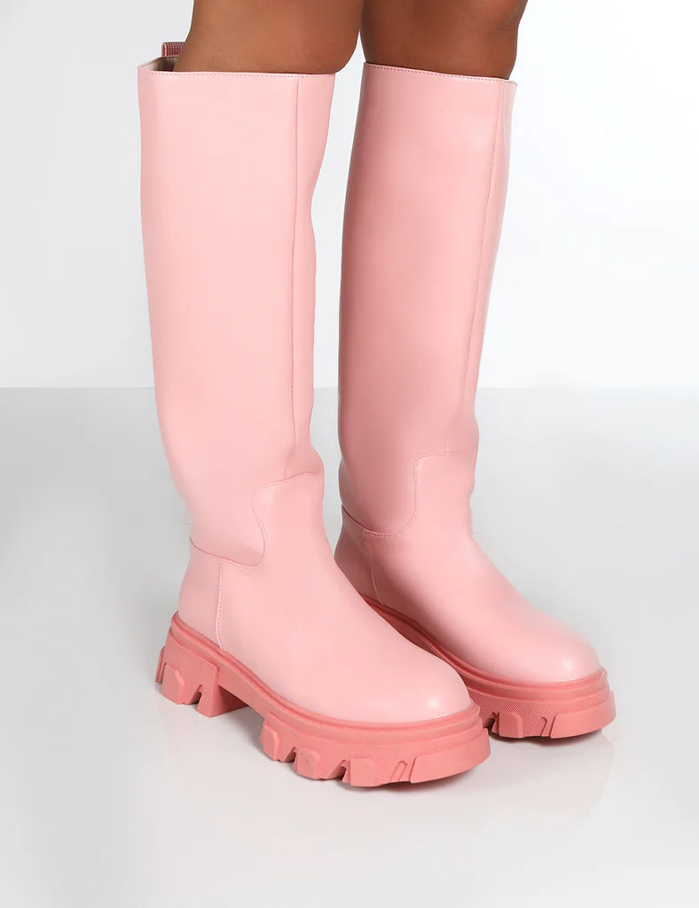 Elena Pink Knee High Chunky Sole Boots | Public Desire