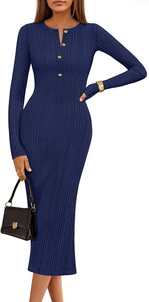 MEROKEETY Women's Bodycon Sweater Dress 2025 Fall Winter Long Sleeve Button Crew Neck Ribbed Knit... | Amazon (US)