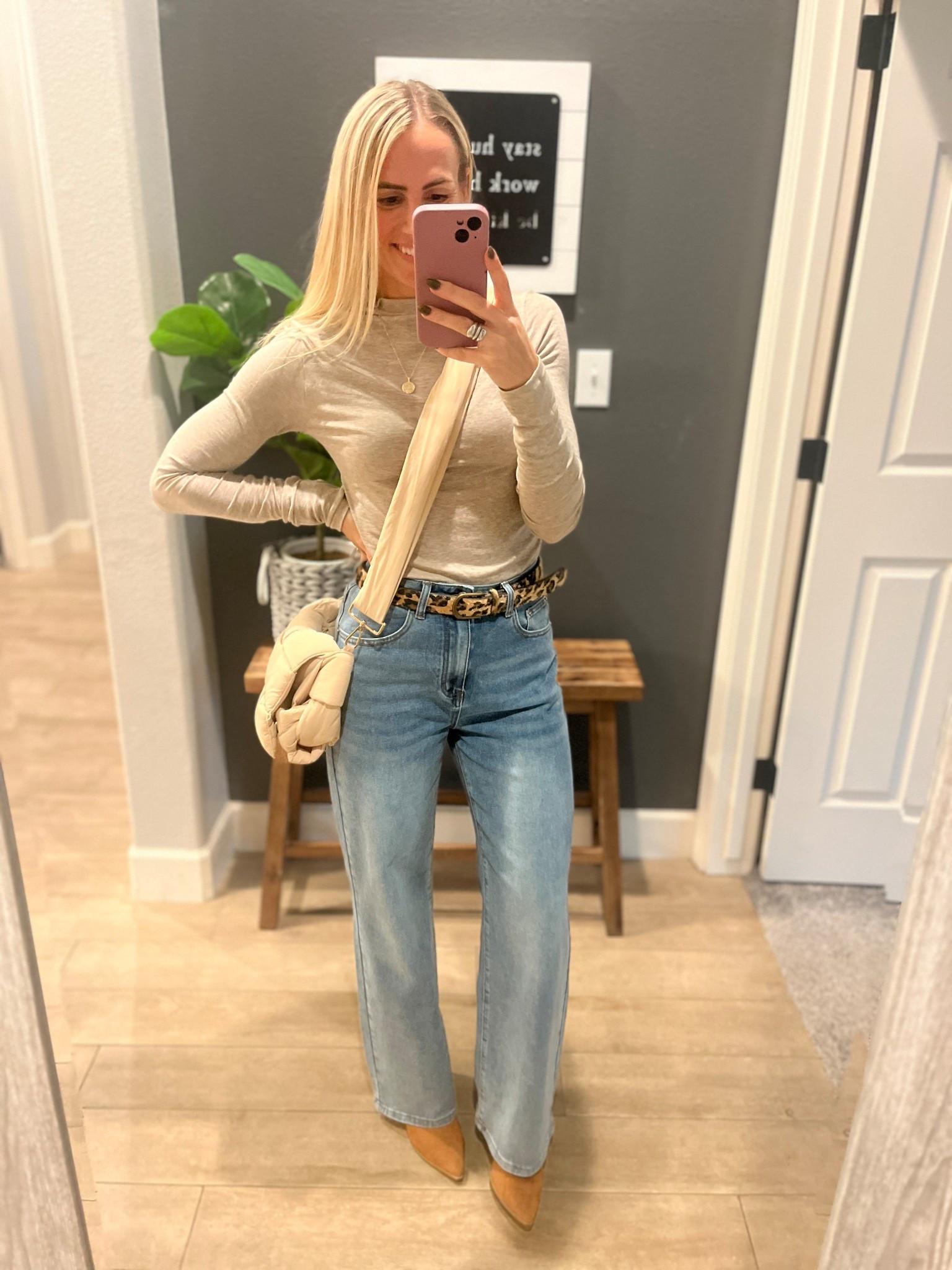 Love this soft oatmeal long sleeve tee. It’s a great lightweight piece for layering. Also these wide leg jeans come in so many washes and are super relaxed and comfy. Wearing my true size xs  