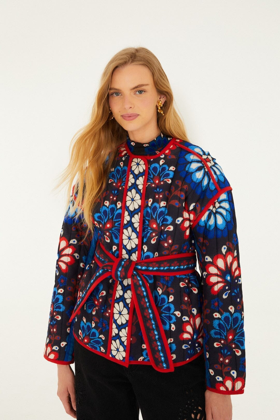 Black Latina Scarf Belted Crop Jacket | FARM Rio | FarmRio (US)