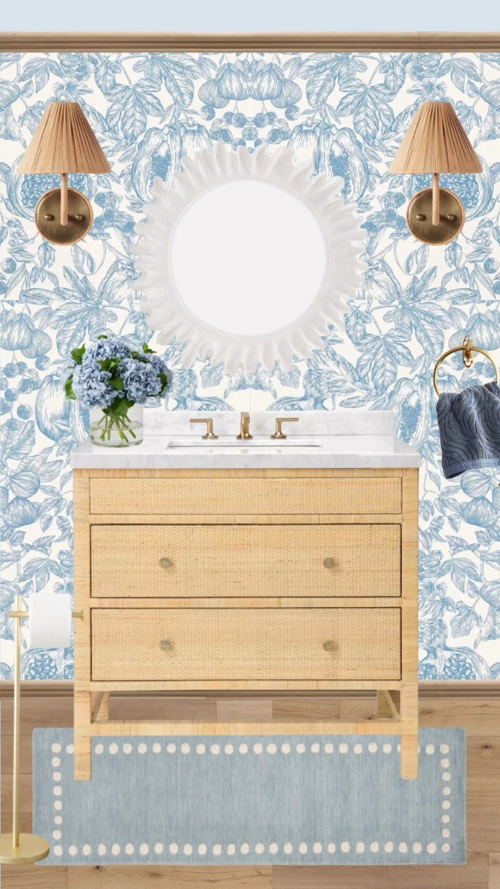 I got so many compliments on this dress throughout the day that I decided to turn it into inspiration! I got home, ran straight to my computer to look for the perfect wallpaper I was imagining in my head. Voila, a dress turned into a powder room inspiration. 

Wicker vanity. Floral wallpaper. Blue rug. Woven sconces  

#LTKHome #LTKFindsUnder100