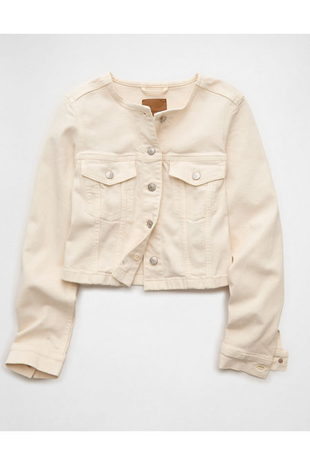 AE Collarless Denim Jacket Women's Cream M | American Eagle Outfitters (US & CA)