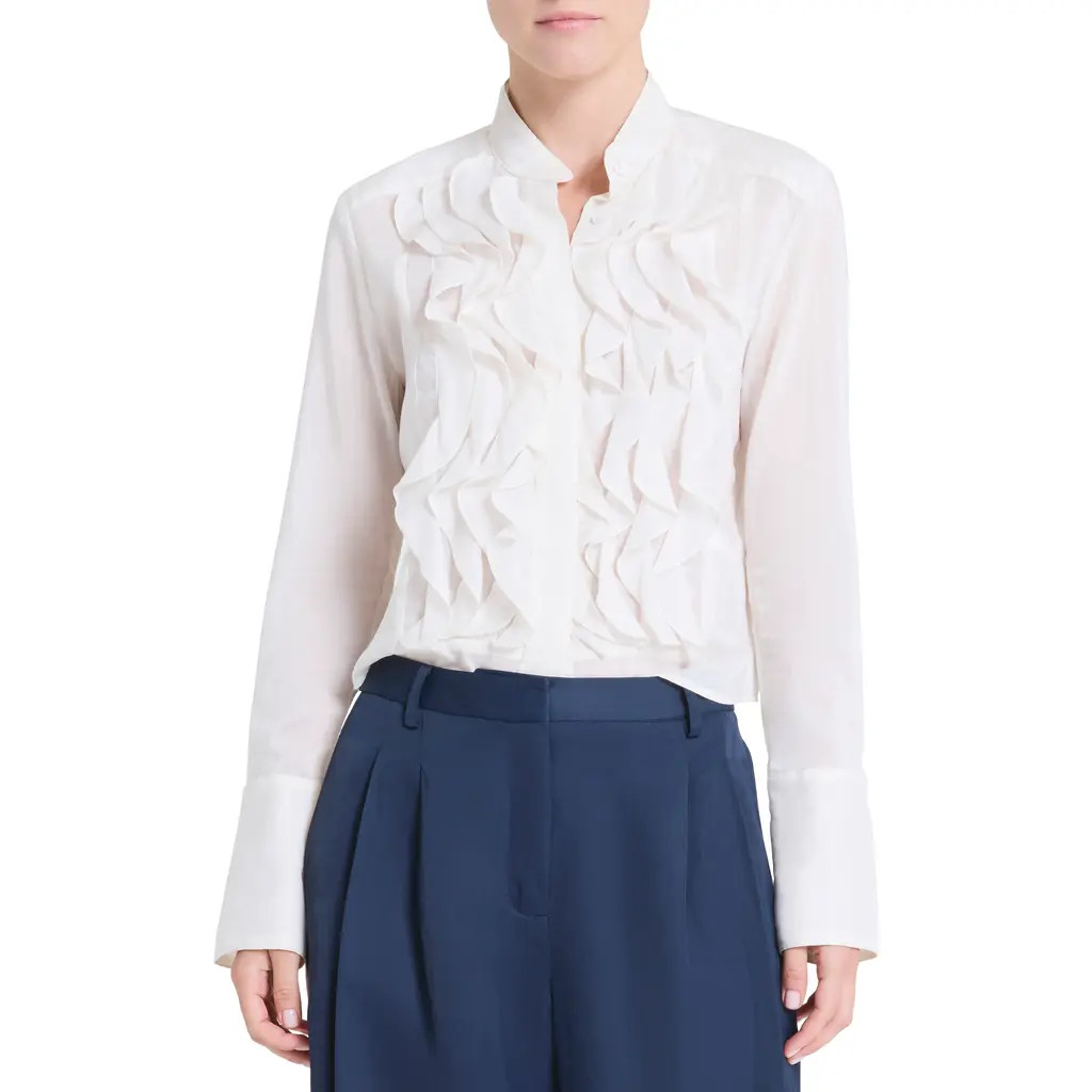 TWP Patti Ruffle Front Cotton & Silk Button-Up Shirt in White at Nordstrom, Size Large | Nordstrom