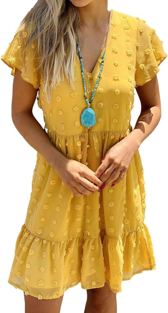 Dokotoo Womens 2022 Summer Casual Ruffle Short Sleeve Elegant Boho Mini Short Skater Dresses | Amazon (US)