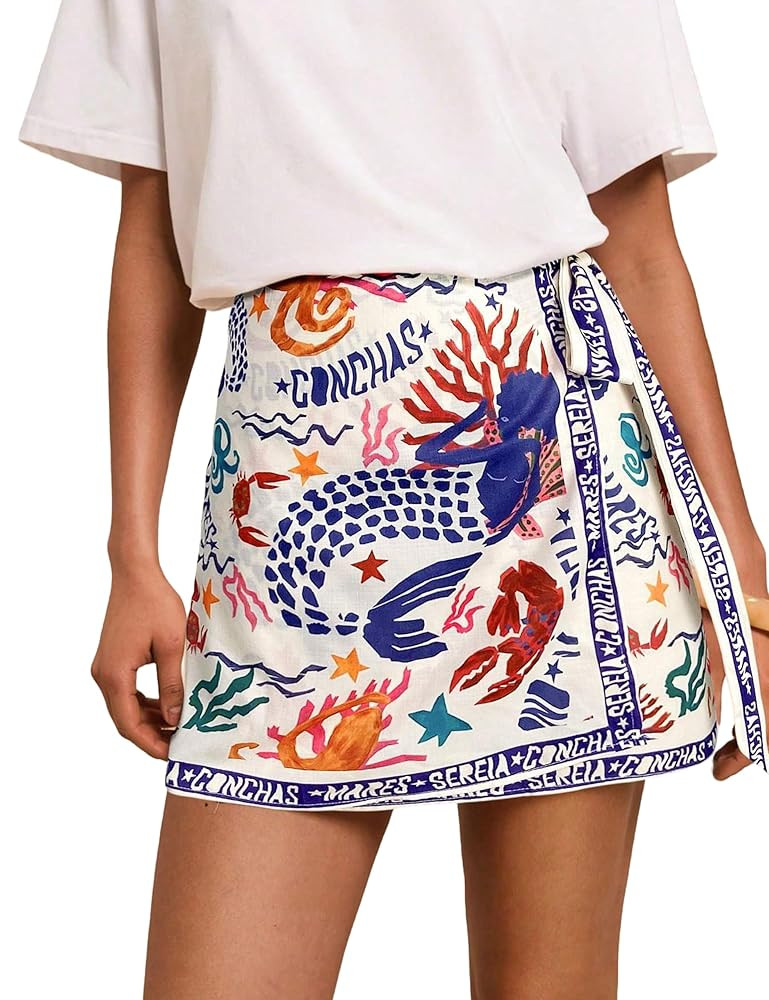 Women’s Summer Boho Skirts Floral Print Tie Knot Wrap Mini Skirt Cute Tropical Ocean Graphic Sh... | Amazon (US)